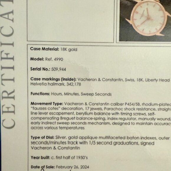 Vacheron & Constantin 1950's Vintage Mens RARE Ref. 4990 Dress Watch18K G-VCCase - Picture 9 of 16